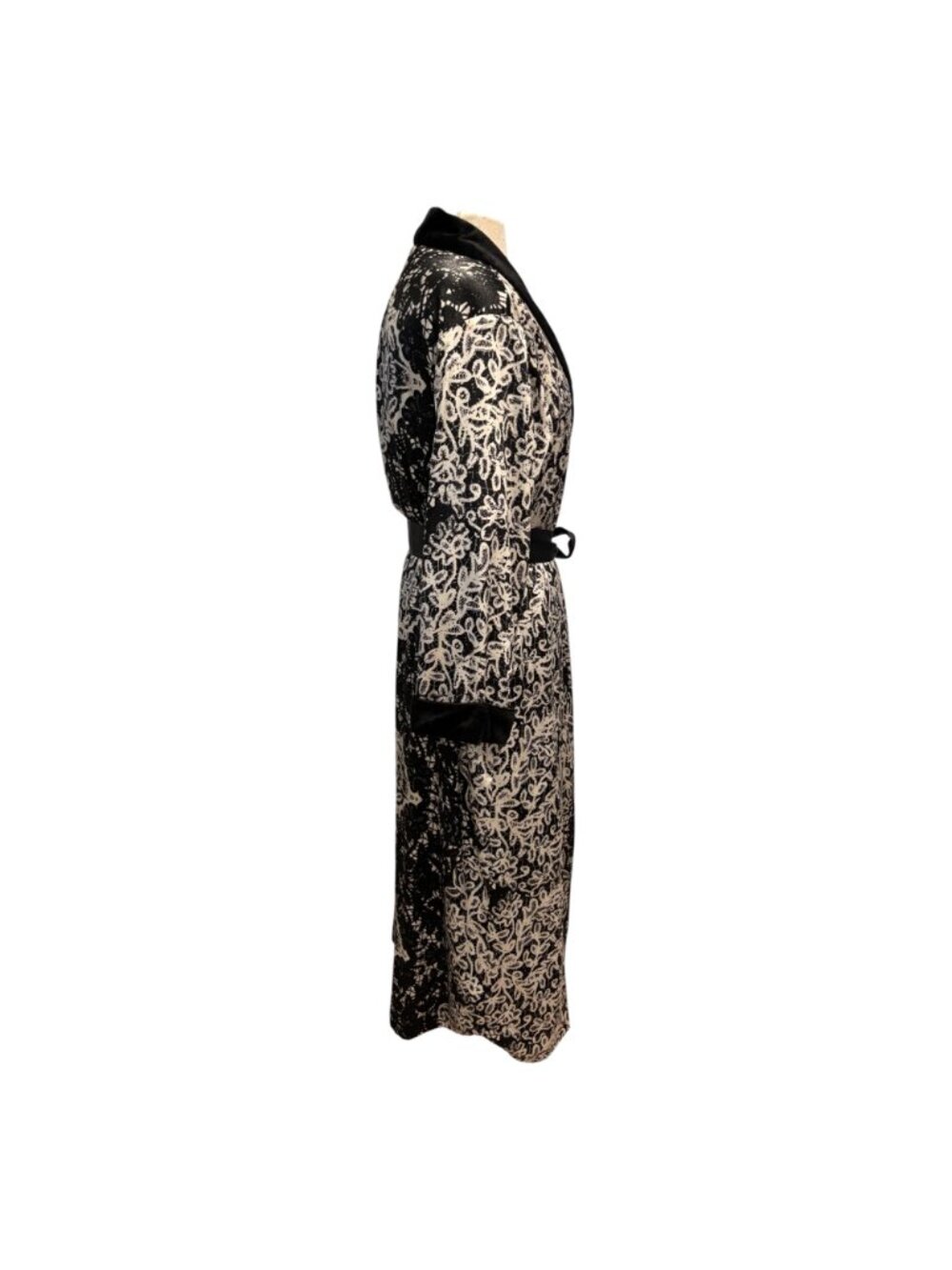 Oscar de la Renta Long Robe M Black Ivory Lace Print Satin Trim Belted 54” - Picture 5 of 9